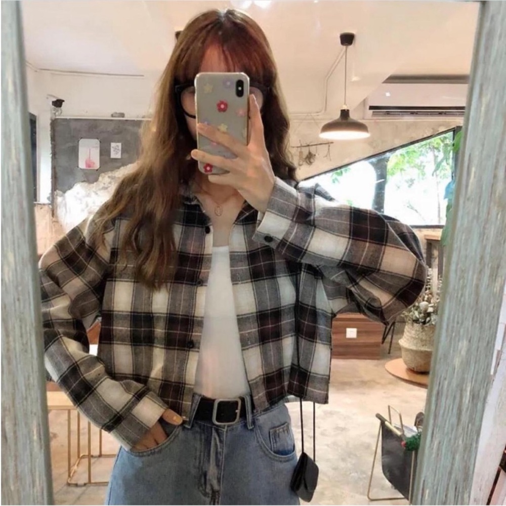 Crop brown tan cream flannel short plaid checkered cropped fall autumn fashion